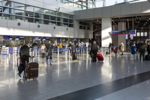 Duesseldorf Airport, DUS, departure hall, terminal, Airport International in lockdown during Corona crisis, hardly any travel and only few departure connections due to travel restrictions, Duesseldorf...