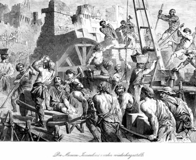 The walls of Jerusalem are being rebuilt, construction work, workers, tools, buckets, baskets, carts, wall, stones, crane, strenuous, strength, building, carrying, walls, Bible, Old Testament, The Boo...