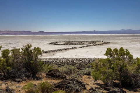 Promontory, Utah, The Spiral Jetty, an earthwork sculpture created by Robert Smithson in 1970 in Great Salt Lake. The sculpture was underwater for 30 years but is now on dry land due to the historic d...