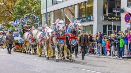 Festival procession, entry of the Wiesnwirte, Loewenbraeu brewery float loaded with barrels, Oktoberfest, Munich, Upper Bavaria, Bavaria, Germany, Europe