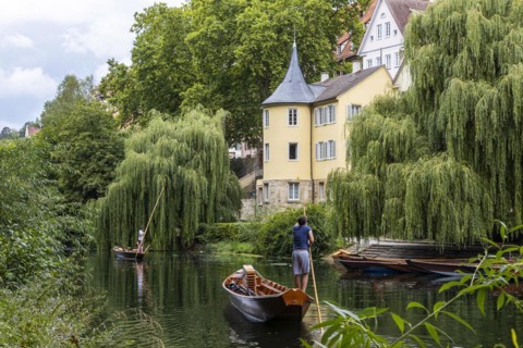 Hoelderlintum on the Neckar, punting boat, Tuebingen, Baden-Wuerttemberg, Germany, Europe