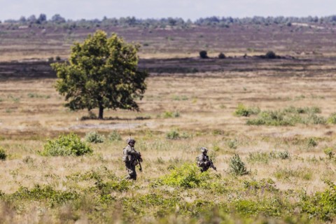 Soldiers of the Jaegerbataillon 292 train a combat situation at the Bundeswehr Combat Training Centre in Letzling The soldiers wear AGDUS equipment