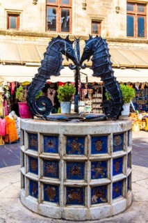Seahorse Fountain at Platia Martyron Everon, Old Town, Rhodes Town, Greece, Europe
