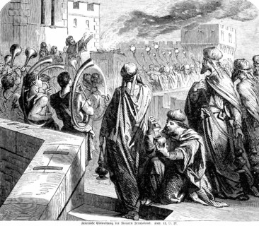 Solemn dedication of the walls of Jerusalem, inaugurate, event, tropes, Levites, singing, Cornu, joy, fire, Bible, Old Testament, The Book of Nehemiah, chapter 12, verse27, historical illustration cir...