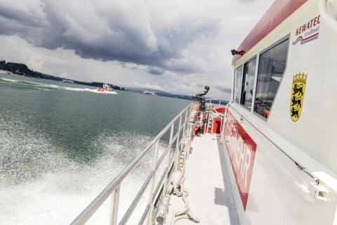 Workboat of the oil defence in operation on Lake Constance, a total of four new speedboats ensure the protection of the important drinking water reservoir, Constance, Baden-Wuerttemberg, Germany, Euro...