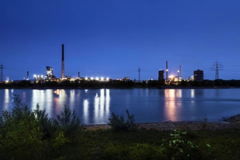 Panorama of Huettenwerke Krupp Mannesmann, HKM, Rhine, night shot, Duisburg, North Rhine-Westphalia, North Rhine-Westphalia, Germany, Europe