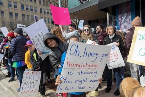 Royal Oak, Michigan USA, 11 March 2023, A small group of conservative Republicans protesting the Sidetrack Bookshops Drag Queen Story Hour were outnumbered by many hundreds of counter-protesters suppo...
