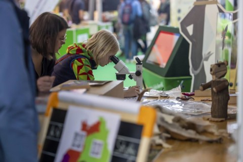 A child looks through a microscope. The trade fair Didacta is Europes largest education trade fair, target groups are teachers and trainers at kindergartens, schools and universities. Stuttgart, Baden...