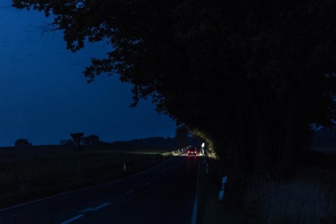 A car driving along a country road at blue hour in Reichenbach, Reichenbach, Germany, Europe