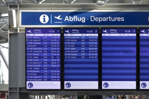 Duesseldorf Airport, DUS, departure hall, terminal, display board, Airport International in lockdown during Corona crisis, hardly any traffic and only few departure connections due to travel restricti...