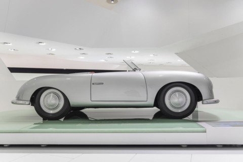 Porsche 356 No. 1 Roadster, built in 1948, classic car. Porsche Museum, Automuseum, Stuttgart, Baden-Wuerttemberg, Germany, Europe