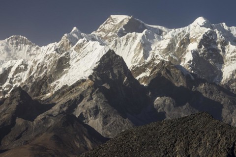 Mountains of the Mahalangur Himal seen from a distant place above the Ama Dablam Base Camp. Gyachung Kang is the highest mountain below 8000 metres, Hillary Peak honours Sir Edmund Hillary, the first ...