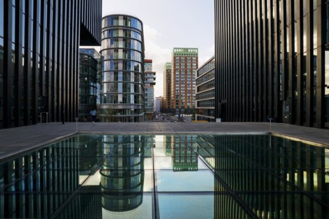 Harbour tip in the Media Harbour with the design hotel Hyatt Regency Duesseldorf, North Rhine-Westphalia, Germany, Europe