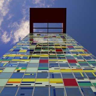 View from the colourful facade of the Colorium to the technical floor, Media Harbour, Duesseldorf, North Rhine-Westphalia, Germany, Europe