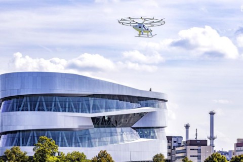 Flight taxi at the Mercedes Museum, first flight of a Velocopter over a major European city, autonomous aircraft without passenger and without pilot, Stuttgart, Baden-Wuerttemberg, Germany, Europe