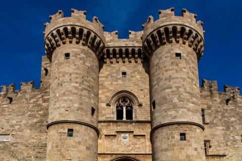 Main portal in sand-lime stone, Grand Masters Palace built in the 14th century by the Johnnite Order, fortress and palace for the Grand Master, UNESCO World Heritage Site, Old Town, Rhodes Town, Greec...