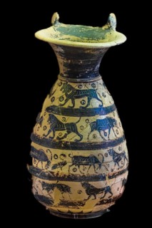 Jug with miniature scenes in black-figure technique, Proto-Corinthian phase 720-550 BC, Archaeological Museum in the former Order Hospital of the Knights of St. John, 15th century, Old Town, Rhodes To...