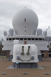 Command bridge and radar dome Guided missile frigate Hr. Ms. De Ruyter, former warship of the Dutch Navy, Naval Museum, Den Helder, Province of North Holland, Netherlands