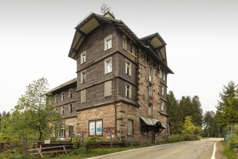 Once fashionable luxury hotels on the Black Forest High Road are crumbling and in ruins. One example is the former Hundseck spa hotel near Ottersweier, Baden-Wuerttemberg, Germany, Europe