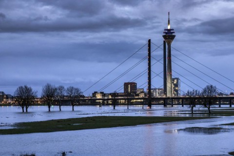 Rhine, Rhine level, high water, flooding in Duesseldorf, view of Rheinkniebruecke, Rheinturm and Medienhafen, Duesseldorf, North Rhine-Westphalia, Germany, Europe