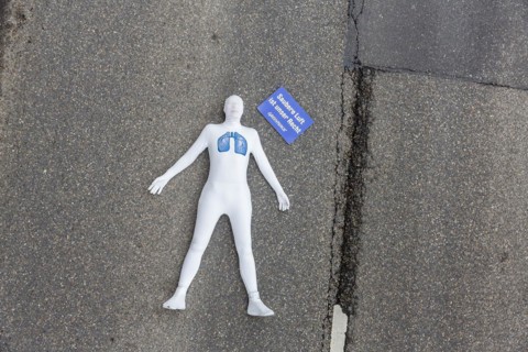 Protest of the environmental organisation Greenpeace, on the Bundesstrasse 14 40 activists demand better air quality, the Neckartor is considered the most polluted street in Germany with high levels o...