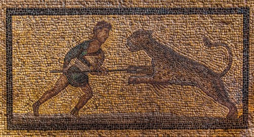 Mosaic with leopard jahgd from Koc, 2nd century, Grand Masters Palace built in the 14th century by the Johnnite Order, fortress and palace for the Grand Master, UNESCO World Heritage Site, Old Town, R...