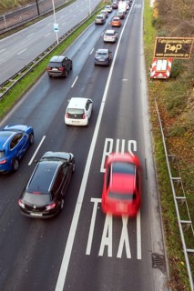 Traffic, rush hour, bus lane, taxi lane, Duesseldorf, North Rhine-Westphalia
