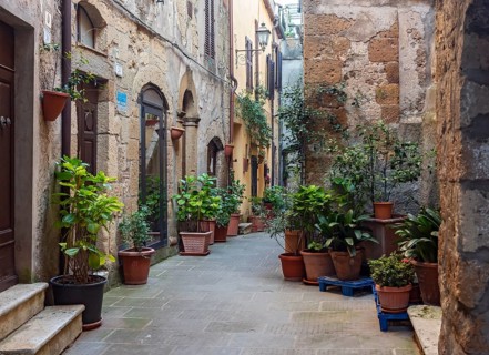 Courtyard with flowerpots, Pitigliano, Tuscany, Italy, Europe