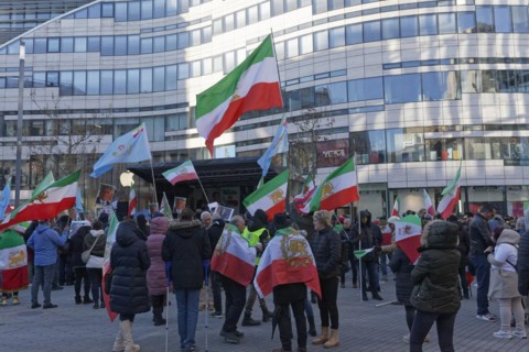 Free Iran, demonstration against the Mullah regime in Iran on Schadow Platz on 25.2.23, Duesseldorf, North Rhine-Westphalia, Germany, Europe
