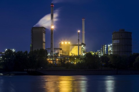 Huettenwerke Krupp Mannesmann, HKM, steam cloud coking plant, gas flare, Rhine, night shot, Duisburg, North Rhine-Westphalia, North Rhine-Westphalia, Germany, Europe