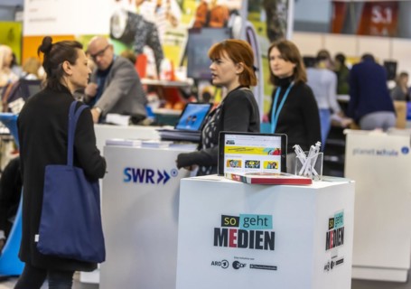 Trade fair stand of ARD, ZDF and Deutschlandradio with the initiative so geht Medien, Didacta trade fair in Stuttgart, Europes largest education trade fair. Stuttgart, Baden-Wuerttemberg, Germany, Eur...