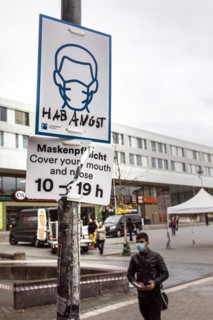 Mandatory masks in the area of Bilk station, signs are often destroyed or painted, Duesseldorf, North Rhine-Westphalia, Germany, Europe