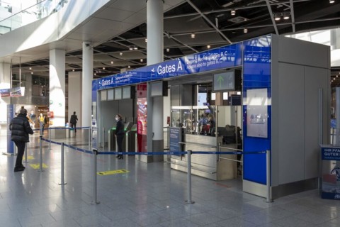 Duesseldorf Airport, DUS, departure hall, terminal, Airport International in lockdown during Corona crisis, hardly any travel and only few departure connections due to travel restrictions, Duesseldorf...