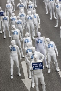 Protest of the environmental organisation Greenpeace, on the Bundesstrasse 14 40 activists demand better air quality, the Neckartor is considered the most polluted street in Germany with high levels o...
