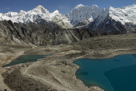 Imja Khola valley seen from Kongma La. It is the eight-thousander Makalu, the fifth-highest mountain on Earth, which is the highest in this view. Khumbu, the Everest Region, Himalayas. Sagarmatha Nati...