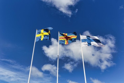 Three flags side by side, Sweden, Aland, Finland, sunny weather, Eckeroe, Fasta Aland, Aland Islands, Aland Islands, Finland, Europe