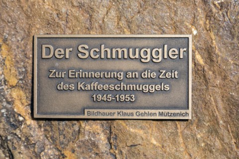 The Smuggler, this monument commemorates the time of coffee smuggling from 1945-1953 at the German-Belgian border, North Eifel, Monschau, North Rhine-Westphalia, North Rhine-Westphalia, Germany, Europ...