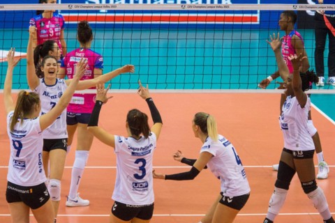 Allianz MTV Stuttgart players cheer after winning a point