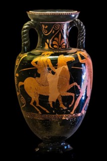 Amphora of the Cassel Artists, Amazon on horseback attacks a warrior, 450 BC, Tsampikou, Archaeological Museum in the former Order Hospital of the Knights of St John, 15th century, Old Town, Rhodes To...