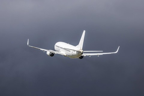 Aircraft of type Boeing 737-300 of the airline BUL AIR during take-off and climb, neutral livery, Stuttgart, Baden-Wuerttemberg, Germany, Europe