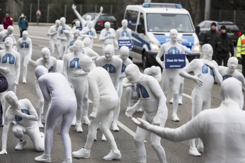 Protest of the environmental organisation Greenpeace, on the Bundesstrasse 14 40 activists demand better air quality, the Neckartor is considered the most polluted street in Germany with high levels o...