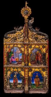 Carved and painted door of the sanctuary, 19th c., Ikoe in Panagia tou Kastrou, Mary of the Castle, Cathedral, Byzantine Museum, 11th c., Rhodes Town, Greece, Europe