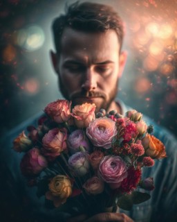 A man with dark hair holds a large bouquet of roses