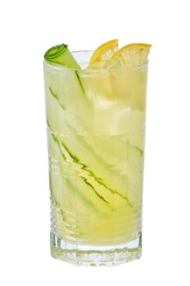 Tall glass of cold lemon and cucumber lemonade isolated on white background
