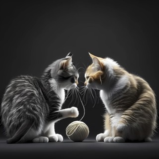 Small domestic cats play with a ball of yarn in front of a black background
