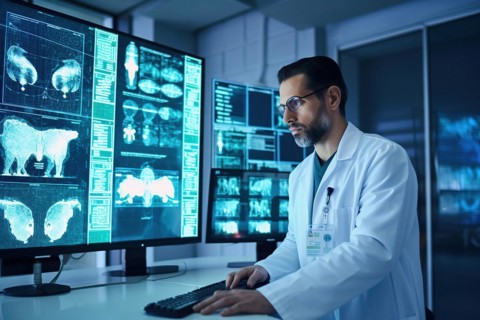 A scientist evaluating complex data on large screens