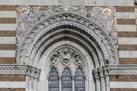 Detail with mosaics of the facade of the Capuchin Church of Our Lady of Lourdes