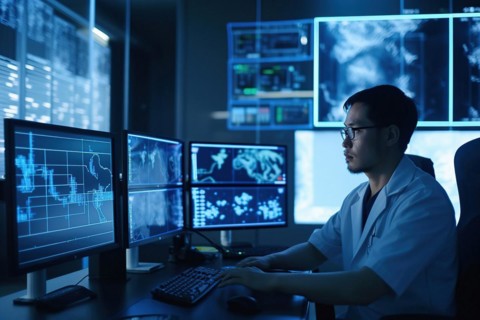 An Asian scientist evaluating complex data on large screens