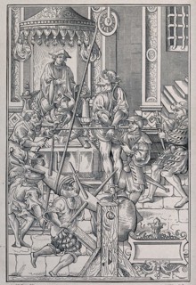 A man is tortured on a complicated device combining a rack