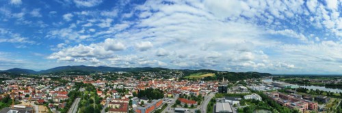 Aerial view of Deggendorf with a view of the historic old town. Deggendorf